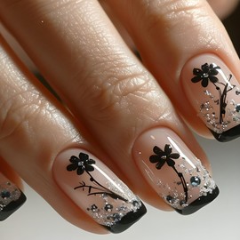 Ceboic French Black Tip False Nails Short, Cute Flowers Press on Nails Nude, Square Glitter Acrylic Gel Fake Nails Set, Reusable Natural Glue on Nail for Women Finger Decoration 24PCS, Easy To Use