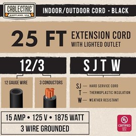 Cablectric 25 Ft Black Oil Resistant Extension Cord for Farms & Ranches - 12/3 SJTOW Heavy Duty 12 Gauge Outdoor Cable with 3 Prong Grounded Plug, 15 AMP