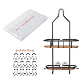 Utopia Alley Tia Rustproof Teak Overhead Shower Caddy with 2 Shelves - Decorative Shower Rack for Shampoo & Toiletries Storage - Includes Shower liner and shower hook, Matte Black Finish
