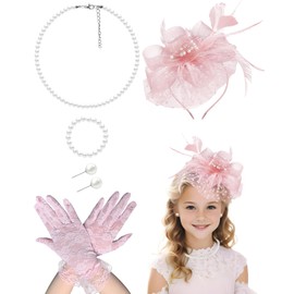 Girls Blush Pink Tea Party Fascinators Hats with Lace Gloves Pearl Necklace Earring Jewelry for Tea Party Wedding Accessories
