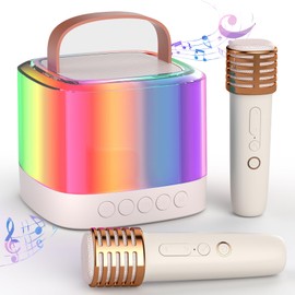 Karaoke Machine for Kids Adults，Mini Portable Bluetooth Karaoke Speaker with 2 Wireless Mics Light TIllusionary Birthday Gifts for Girls/Boys Ages 4, 5, 6, 7, 8, 9, 10+(Beige)