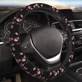 Yiohaha Nice Sakura Blossom Black Steering Wheel Cover 15 Inch Car Truck SUV Universal Steering Wheel Cover Durable Protector Car Accessories