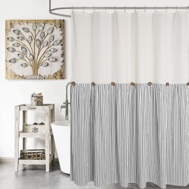 DOSLY IDÉES Farmhouse Shower Curtain,Beige and Black Striped,Button Curtain,Spa Waffle and Cotton Woven Fabric,Rustic Charm Country Chic Style,72x84 in