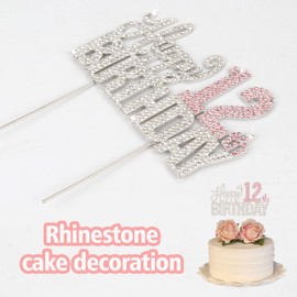 Nelbiirth Decoración para tartas con diamantes de imitación plateados y rosados para cumpleaños 12 - Letrero de metal brillante para decoración de tartas con texto en inglés "Cheers to 12 years Old Doce Bday"