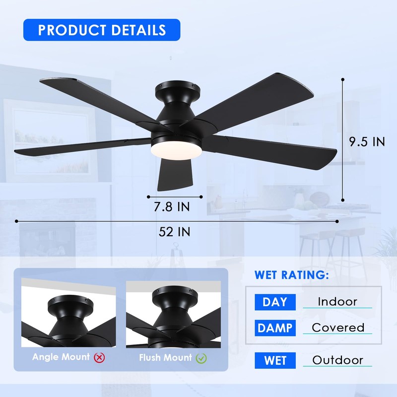 BYKISTOK Black Ceiling Fans with Lights - 52In Flush Mount