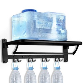 HOONEX Foldable Towel Rack for Bathroom Wall Mounted, with Towel Hooks and Adjustable Towel Bar, 304 Stainless Towel Holder, 24-Inch Bathroom Towel Shelf, Black