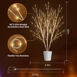 33in Lighted Birch Tree with 180 LED Lights, Twinkling Light Up Tree with Timer, DIY Flexible Lighted Branches for Home Décor, Bedroom, Wedding, Party