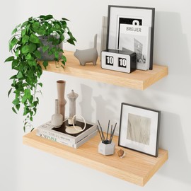 Fun Memories Solid Oak Wood Floating Shelves, 9.3 Inch Deep Natural Wood Shelf with Invisible Heavy Duty Bracket for Bathroom Bedroom Kitchen - 24inch Set of 2, Natural