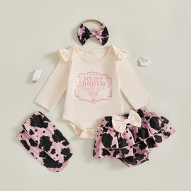 Gaono Western Baby Girl Summer Clothes Cow Print Short Sleeve Romper Bloomer Shorts Clothing Set Newborn Cowgirl Outfits (Z-Khaki, 12-18 Months)