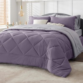 Bedsure Full Size Comforter Set - 7 Pieces Reversible Grayish Purple Bedding, Full Size Bed Set for All Seasons, Bed in a Bag with Down Alternative Comforter, Sheets, Pillowcases & Shams