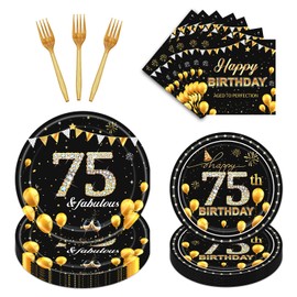 Refavor 75th Birthday Decorations Supplies - 96PCS 75th Birthday Party Plates Tableware Set Black Gold Cheers to 75 Years Birthday Plates Forks Napkins Set 75th Birthday Dinnerware for Men Women