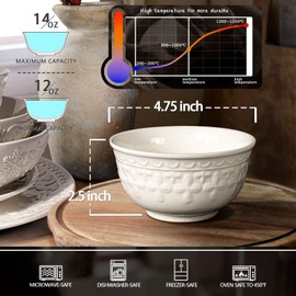 Wareland Small Ceramic Bowls - 14 Oz Ice Cream Bowls Set of 4 Embossment Dessert Bowls for Kitchen, 4.75 Inch White Bowls for Soup, Side Dishes, Oatmeal, Rice, Microwave Oven Safe(Cross Floral)