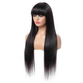 X-Tress Black Wig with Fringe 50 cm Natural Colour Wig Real Human Hair for Women Shoulder Length Wig 150% Density (50 cm)