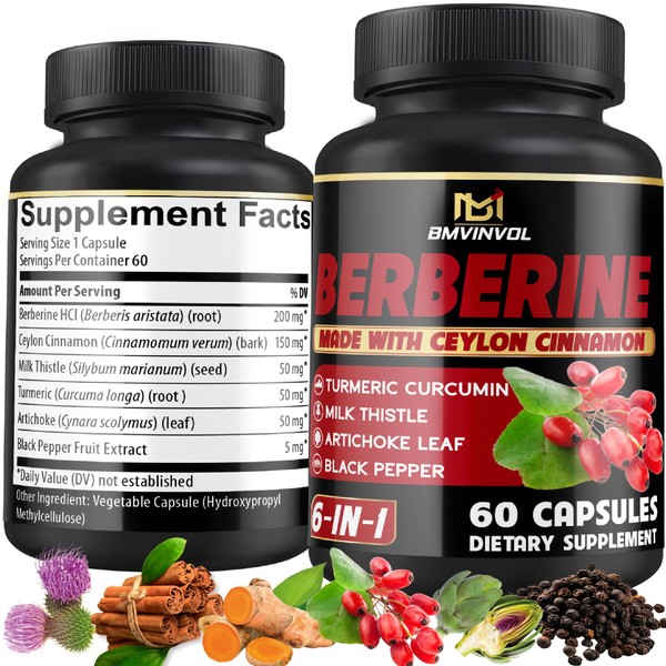 Berberine Supplement with Ceylon Cinnamon, Turmeric, Artichoke, Milk Thistle -