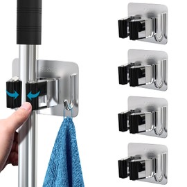 homeasy Mop Broom Holder No Drill, Mop Broom Organizer Wall Mounted Heavy Duty with Hooks Hanger, Self Adhesive Stainless Steel 4Pcs for Bathroom, Kitchen, Office (Multicolor)