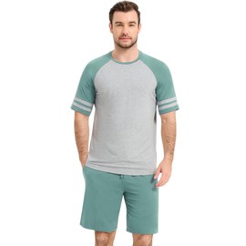 NACHILA Men's Pajamas Set Sleepwear Raglan Top and Pajamas Shorts Soft Lounge Set Viscose made from Bamboo Dark Green/Light Heather Grey XL