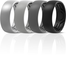 ThunderFit Silicone Rings for Men - 4 Rings Breathable Patterned Design Wedding Bands 8MM (Black, Light Grey, Dark Grey, Silver, 6.5-7 (17.3mm))