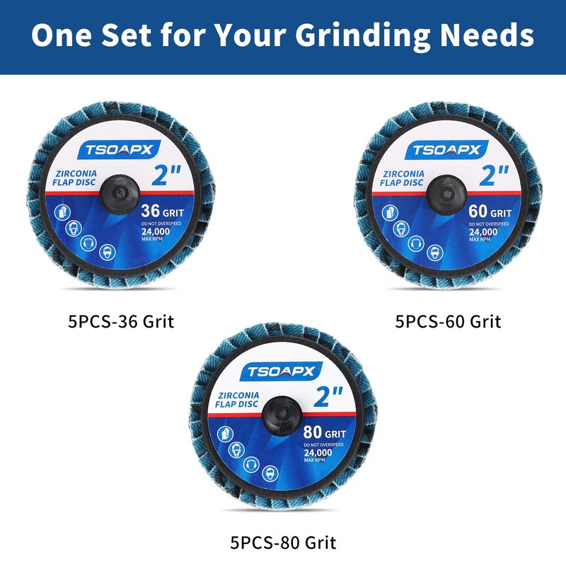 TSOAPX 15 PCS Flap Disc Set, 2" Zirconia Blue Flat