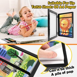 Kids Art Frame, Front Opening A4 Kids Artwork Display Frame with Desktop Stand and Fixed Strap, Childrens Artwork Display Picture Kids Photo Frame Wooden Frame for 100 Pictures (Black)