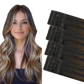 COOKAYU invisible Tape In Hair Extensions Human Hair Balayage Ombre Natural Black to Dark Brown Mix Blonde Balayage 20 inch 20 pcs 45g(#1B/4/27-22inch)