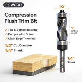 SICWOOD Compression Top and Bottom Bearing Flush Trim Router Bit 1/4 Shank - 1/2" Cutting Dia, Carbide Spiral Up-Down Pattern Template Flush Cut Router Bit, for Wood Trimming