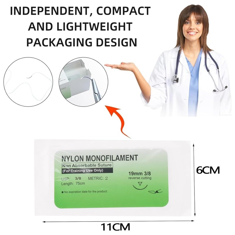 30 Pieces Nylon 3.0 Sutures, Training Threads with Curved Needles,