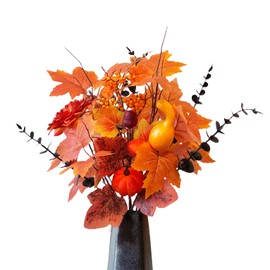 Aiizun Fall Flowers Artificial for Decoration, Fake Fall Flowers with Pumpkin and Maple Leaves, 16.5 inch Fall Bouquet Orange Artificial Flowers for Home Decor Indoor