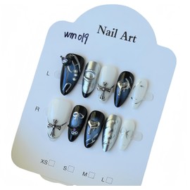 Handmade False Nails Almond Nails Glue Portable with 3D Pattern Cute Cool Style Kuromi Design Removable Artificial Glue Nails for Individual Nail Style