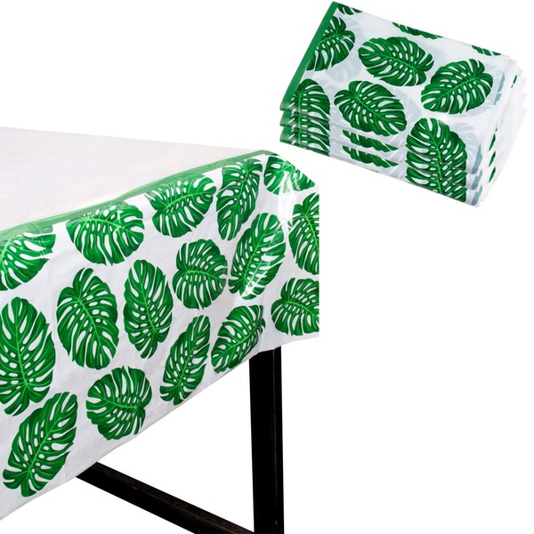 Tropical Party Tablecloth - 3-Pack Disposable Plastic Rectangular Table Covers - Palm Leaves Hawaiian Themed Party Supplies for Kids Birthday, Luau Decorations, Green and White, 54 x 108 Inches