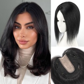 EMMOR Hair Toppers 14 inches for Women, 100% Remy Human Hair with Large Hand-woven of 5"×5.5" Base and 4 Non-slip Clips, Top Hair Pieces for Women with Hair Loss(Black)