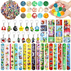 96 Pieces Party Bags Children's Birthday Party Bag Toy Birthday Decoration 15 Key Buckles 16 Snap Bracelets Children 50 Stickers 15 Random Bouncy Balls Birthday Decoration Accessories Gadget Children