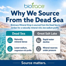 biotrace Gotas de minerales traza del Mar Muerto BioTrace Más de 72 minerales traza concentrados, magnesio líquido iónico, cloruro, potasio Bajo contenido de sodio Energía, electrolitos, hidra