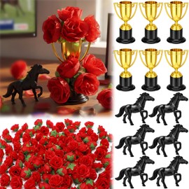 Derby Horsing Racing Party Decoration Small Standing Table Centerpieces 100 Red Roses 6 Golden Trophies and 6 Horses for Wedding Freestanding Table Decor Horse Themed Party Favor Bulk
