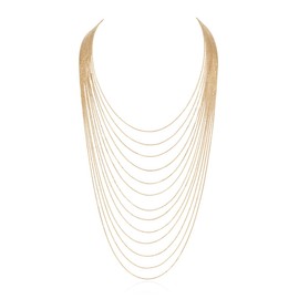 RIAH FASHION Boho Chain Drape Multi Strand Long Layered Waterfall Necklace - Statement Bib, Metallic Bead Collar Choker, Bohemian Fringe Tassel (Ball Chain 2 - Gold)