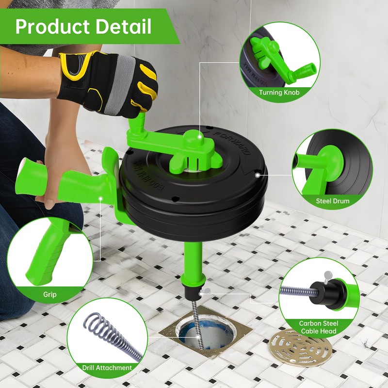 SYANSPAN Heavy Duty Dual Mode (Manual/Automatic) Plumbing Auger, Clog Remover
