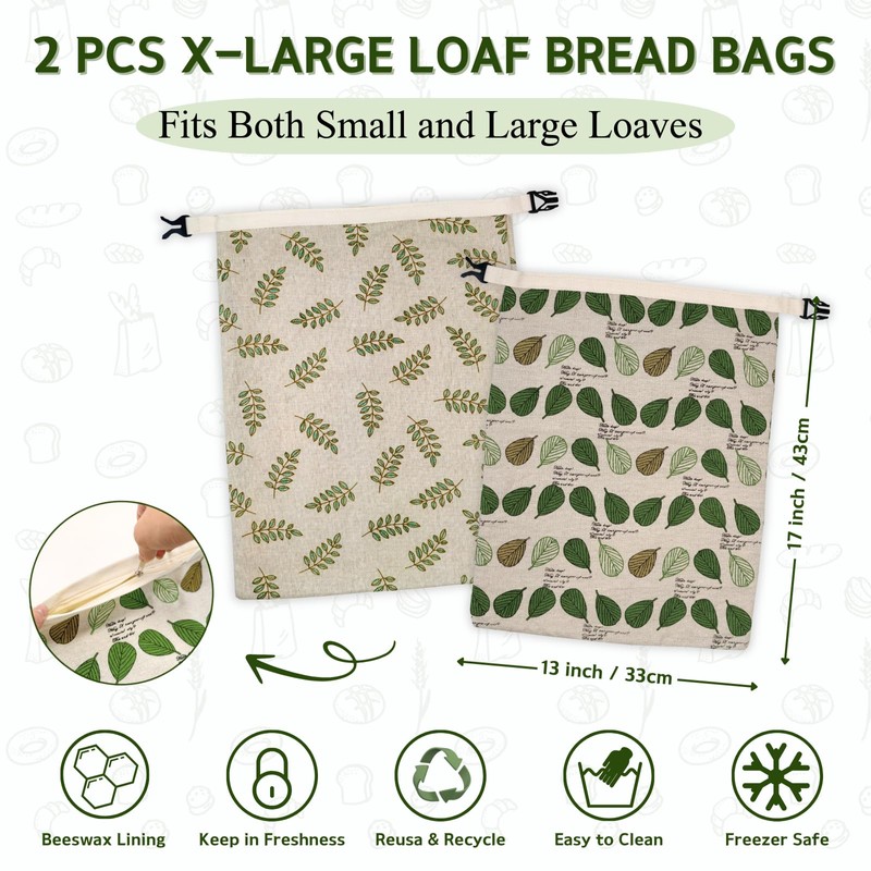 2 Pack Beeswax Bread Bags for Homemade Bread with Zipper,