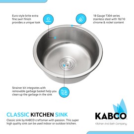 KABCO 18 Inch Circular Single Bowl Stainless Steel Classic Kitchen Sink with Sink Strainer and Garbage Basket, Rust resistant, Sound and Heatproof 18 Gauge Undermount Swirl Finish Kitchen Bar Sink