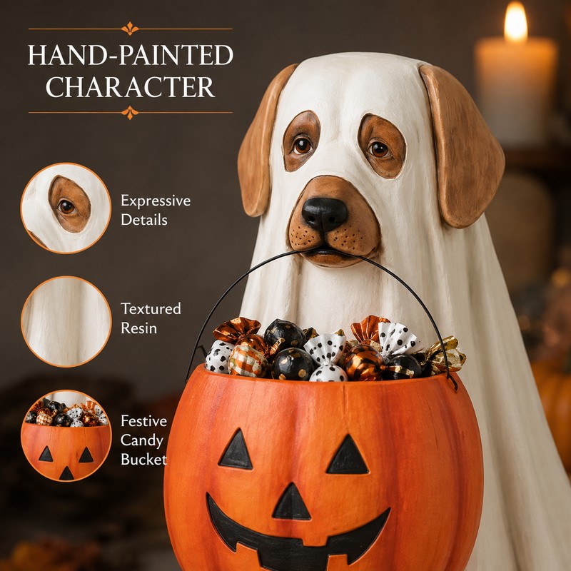 Halloween Ghost Dog Pumpkin Resin Figurine Hand-Painted Outdoor Indoor Holiday