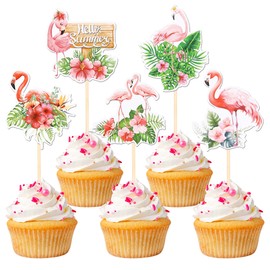 30 piezas de decoración de cupcakes de flamenco de doble cara con flores tropicales Aloha Luau para cupcake de flamenco, decoración de pastel de hola de verano para flamenco, Hawaii, baby shower,