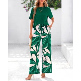 PRETTYGARDEN Women Summer 2 Piece Outfits 2025 Short Sleeve Knit Top Floral Print Belted Wide Leg Pant Sets With Pockets(Dark Green Floral,X-Large)