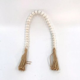 Griffin Home Decor Wood Bead Garland with Tassels, White washed, Rustic Country Bead Decor