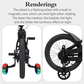 Nakazawa 2 pcs Wider Bike Training Wheels Flash Silent for 12-20 inch Bicycles, Sturdy and Adjustable, Training Wheels For Kids Bike (Black）