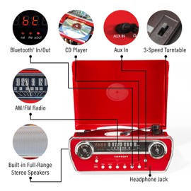 Crosley CR6047A-RE Powel 7-in-1 Bluetooth in/Out Vinyl Record Player with AM/FM Radio, CD Player, and Aux-in, Red
