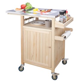 AZAMIA Outdoor Grill Cart with Storage, Mobile Grill Table with Stainless Steel Top for Outdoor, Solid Wood Prep Grilling Table with Wheels for BBQ Camping (Burly Wood)
