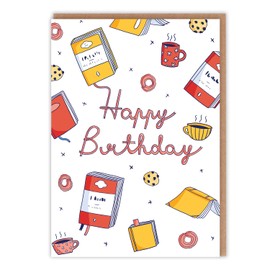 Book Lovers Theme Birthday Card - Cute Illustrations of Fiction Lover Essentials 'Happy Birthday' - Cute Birthday For Her For Him