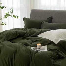 ELIMMO Bedding Duvet Cover Set Linen Like Texture 100% Cotton 3 Pieces with Zipper Closure Super Soft Cozy Breathable Natural Dreamy Chic Feel (Hemmed Olive Green, Queen)