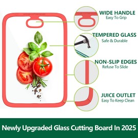Tempered Glass Cutting Board for Kitchen Counter – Dishwasher Safe, Non-Slip Edges, Juice Groove for Meal Prep & Serving (Red)