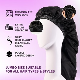 Red by Kiss Day and Night Bonnet, XL & Braid Sizes, Moisture Retention, No-Slip, Breathable Hair Bonnet, Stay All Day, Elastic Band Velcro Strap for Sleep Hair Protection Black/White