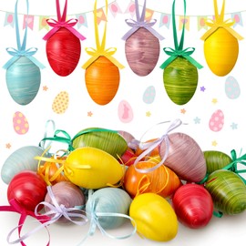 Relaxgiant 18 Pcs Easter Decorations Eggs Hanging Plastic Textured Eggs Easter Robin Eggs Ornaments with Bow Lanyard for Easter Spring Tree Basket Decor Party Favors Supplies Home