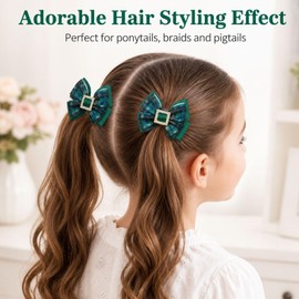 Green Plaid Hair Bows 2Pcs Christmas Rhinestone Square Clip